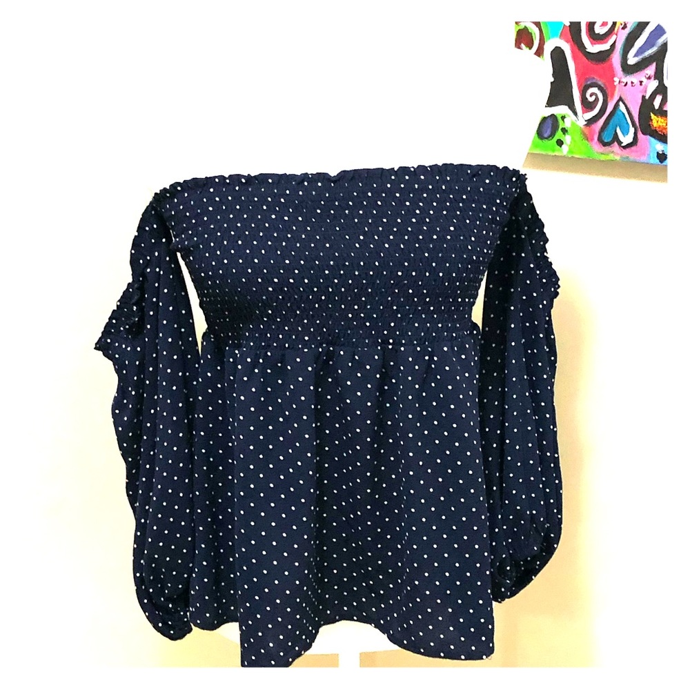 Lily White navy and white polka dot top